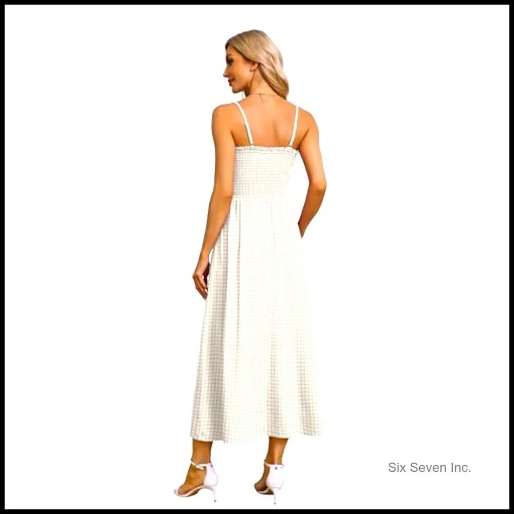 Spaghetti Strap Maxi Dress Smocked Boho Beach Casual Summer Flowy Sundress - Picture 5 of 7